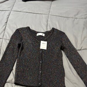 Kids Ribbed Button-Down Cardigan with Multicolor Sparkle